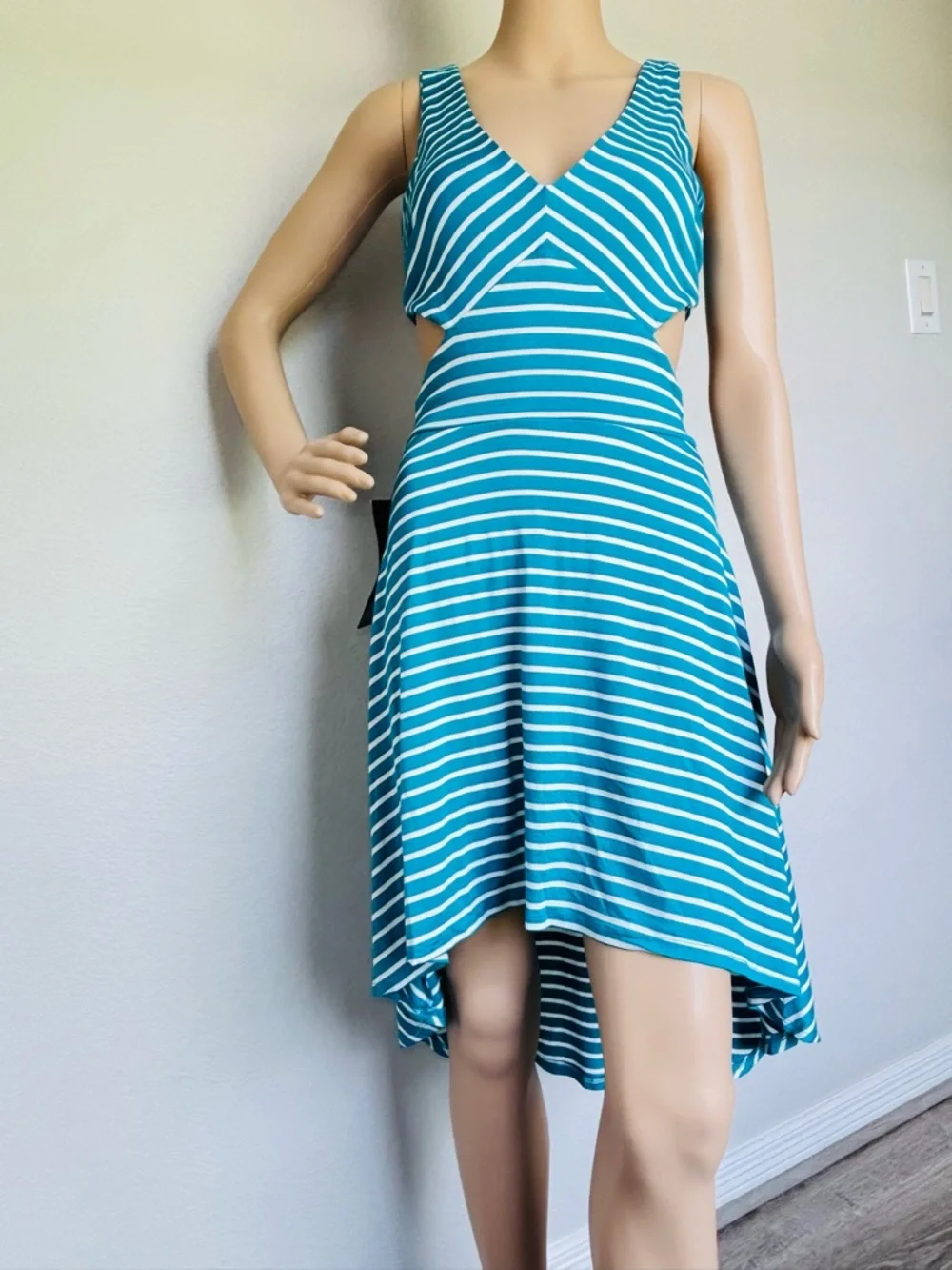 bebe Teal and White Striped High-Low Cutout Dress open back NWT - Picture 2 of 14